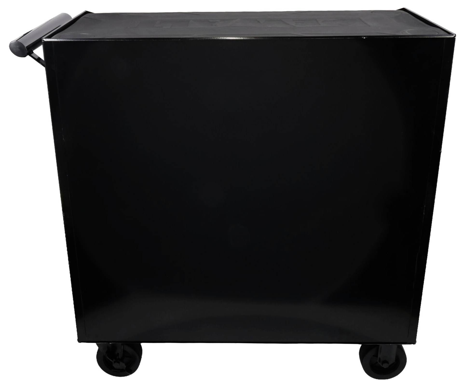 Schwarzer Rollbehälter mit geschlossenem Deckel und seitlichem Griff, vor weißem Hintergrund abgebildet.