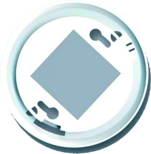 Abstraktes kreisförmiges Symbol mit einem hellblauen Diamanten in der Mitte und kleinen dunklen Verbindungsmarkierungen am Rand.