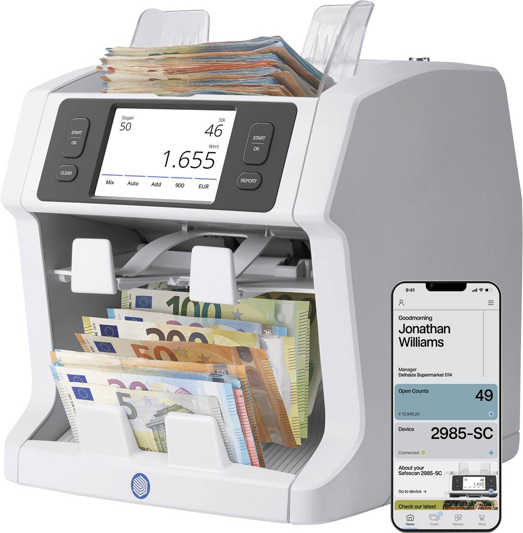Geldscheinzählmaschine mit Smartphone-App, die gezählte Euroscheine anzeigt und den Text „Unterbrechungsfreies Zählen und Sortieren nach Wert