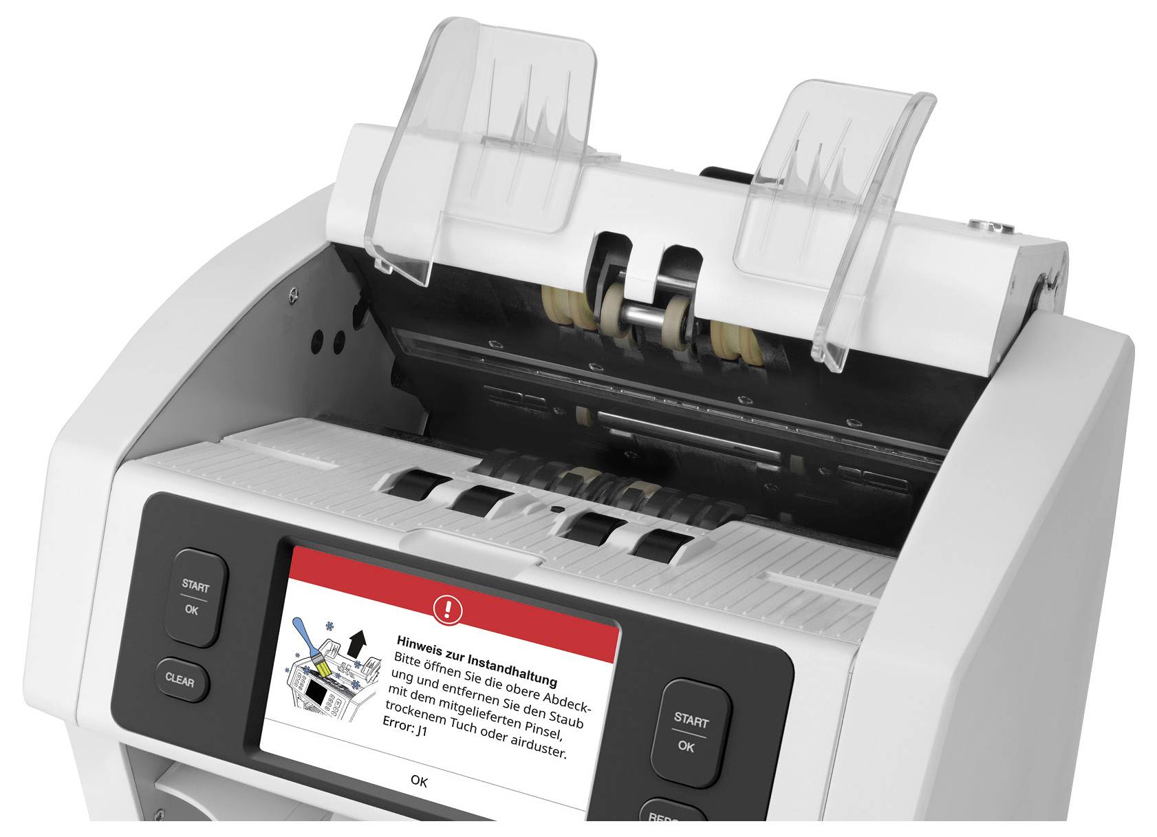 A desktop paper shredder with a warning on its display to clear jammed paper using the printer handle, front view.