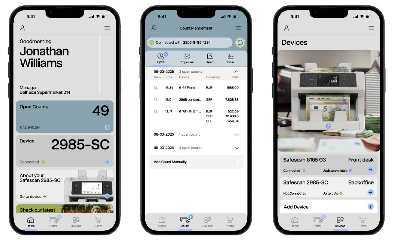 Drei Bildschirme einer mobilen App für eine SafeScan-Geräteverwaltungsanwendung: Home-Dashboard für Jonathan Williams, Anzahlverwaltungsliste und Geräteliste mit Verbindungsstatus.