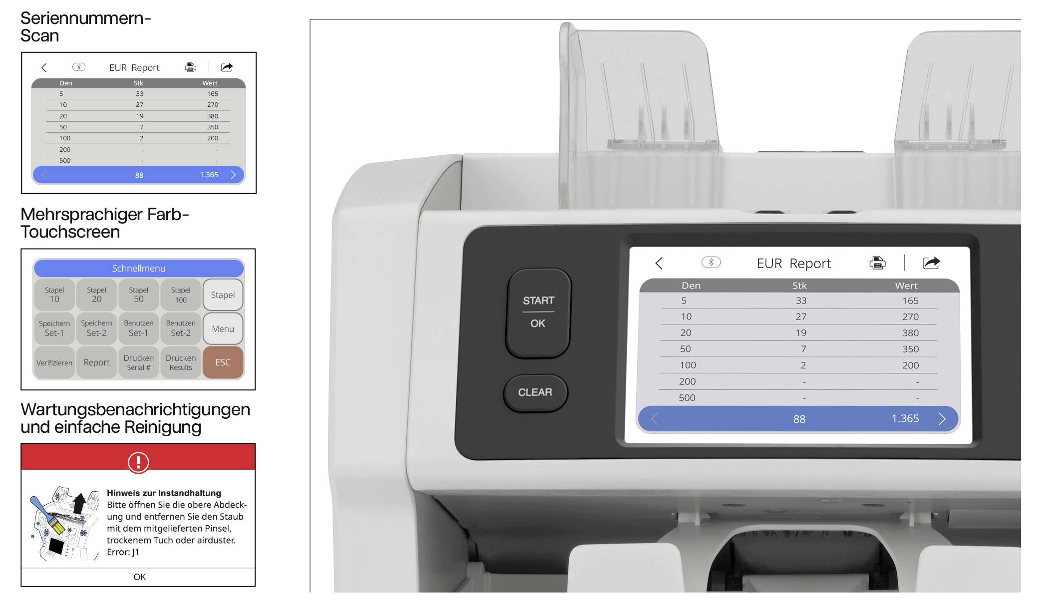 Fälschungserkennungsmaschine mit farbigem Touchscreen, auf dem eine 