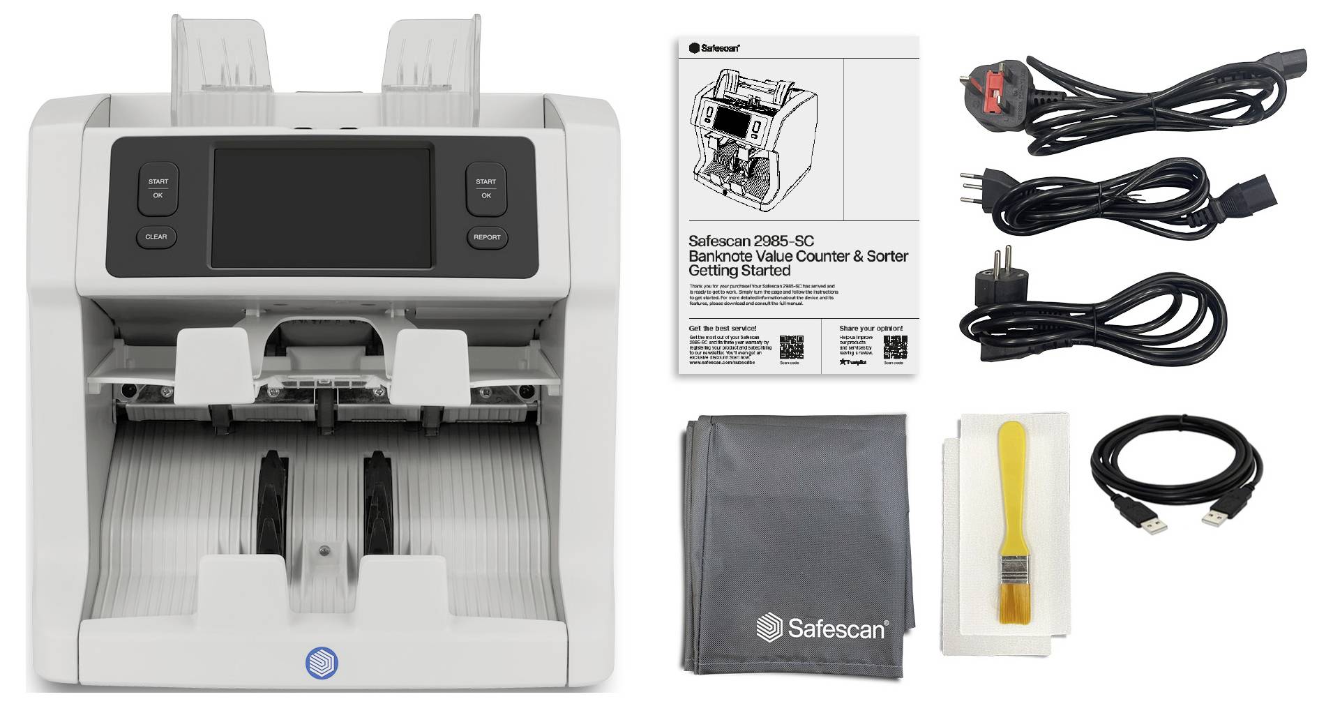 Ein Safescan-Geldscheinzähler/-sortierer mit Bedienungsanleitung, Stromkabeln, Reinigungsbürste, USB-Kabel und Tragetasche daneben ausgelegt.
