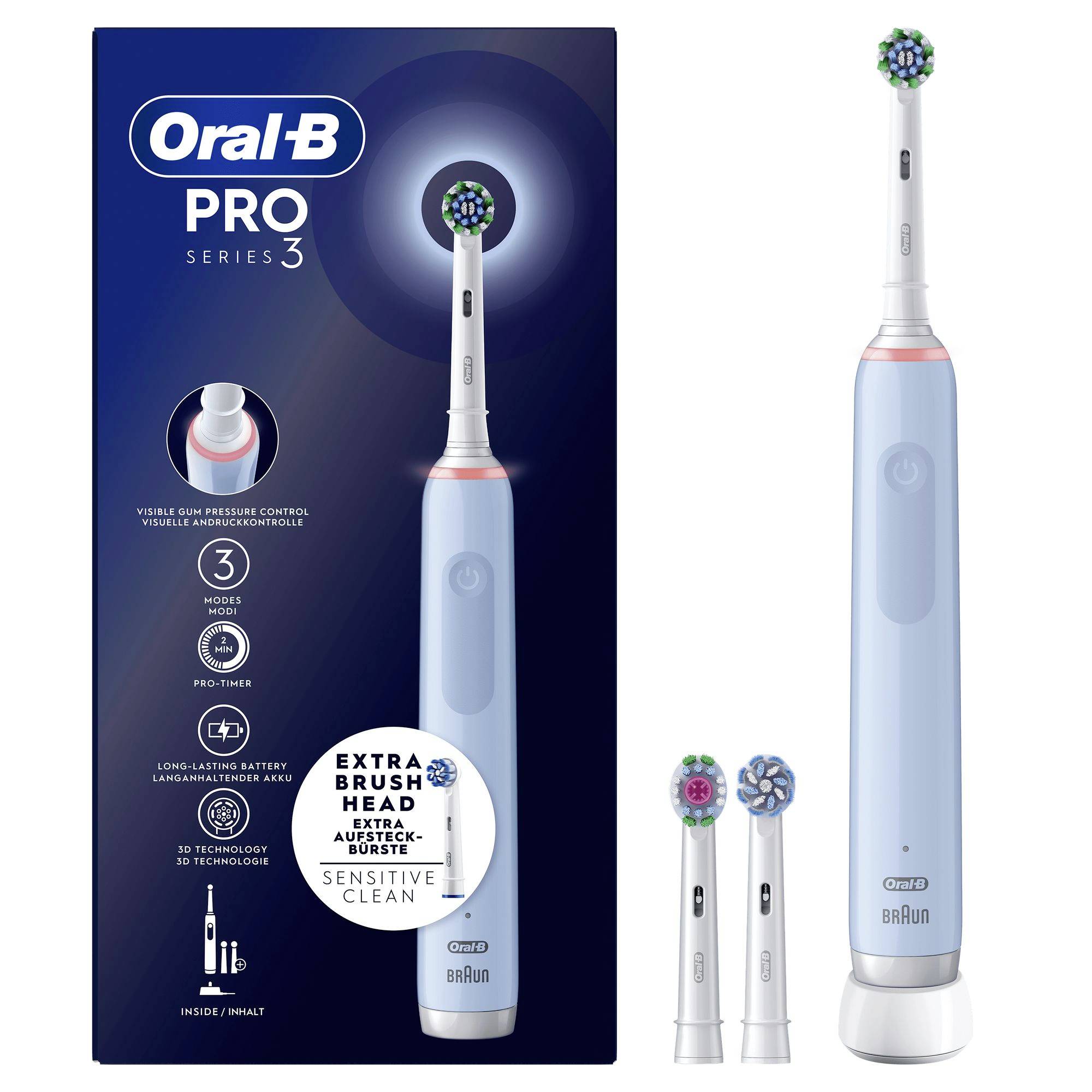 Oral-B Pro Serie 3 elektrische Zahnbürste mit Verpackung und zusätzlichen Bürstenköpfen dargestellt; blauer Griff mit rundem Bürstenkopf und Etikett 
