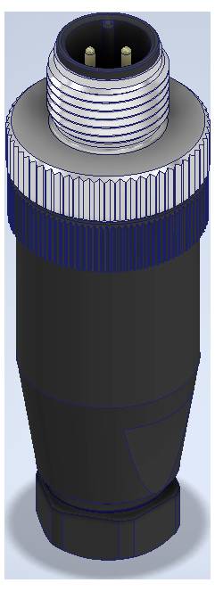 3D-Darstellung eines zylindrischen mechanischen Steckers oder einer Sonde mit einem Gewinde-Oberteil, einem gerippten Mittelteil und einem konisch zulaufenden dunklen Korpus.