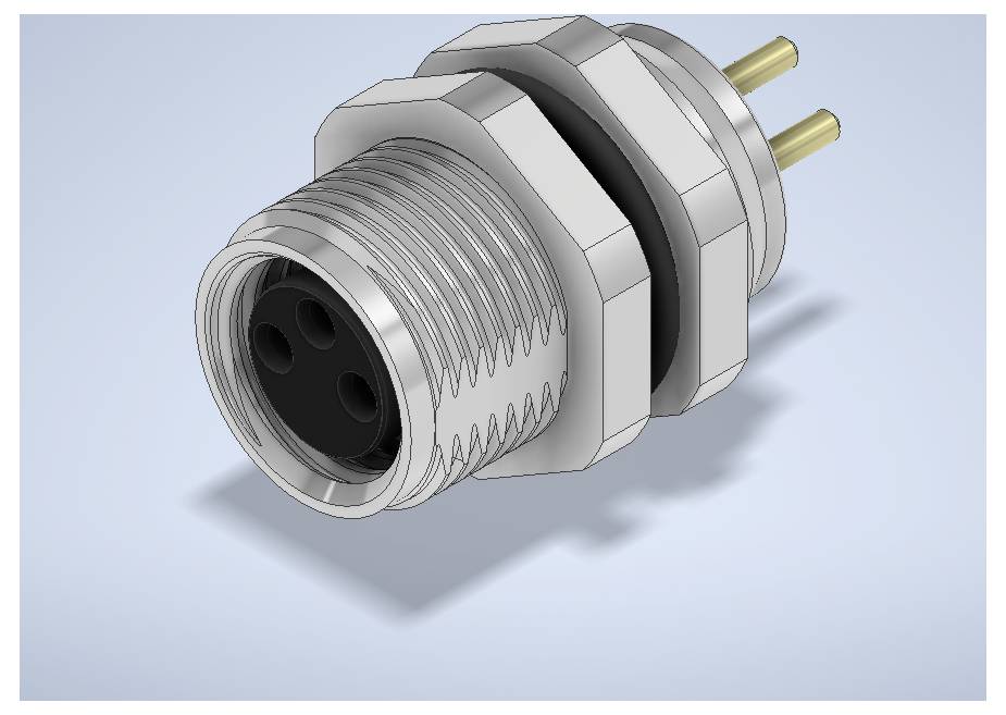 Ein metallischer runder elektrischer Stecker mit Gewinde an der Vorderseite und zwei hinteren Stiften auf hellblauem Hintergrund.