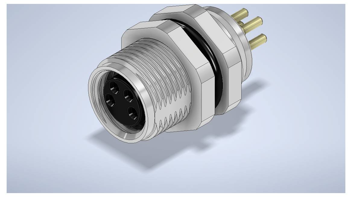 Metallischer kreisförmiger elektrischer Stecker mit Gewinde an der Vorderseite und drei vergoldeten Stiften auf der Rückseite, in 3D auf hellblauem Hintergrund dargestellt.