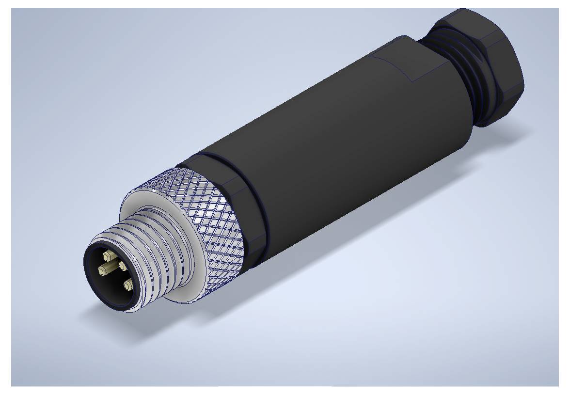 Nahaufnahme eines schwarzen zylindrischen Elektrosteckers mit einem Gewinde-Metalltip und gerilltem Griff auf hellblauem Hintergrund.