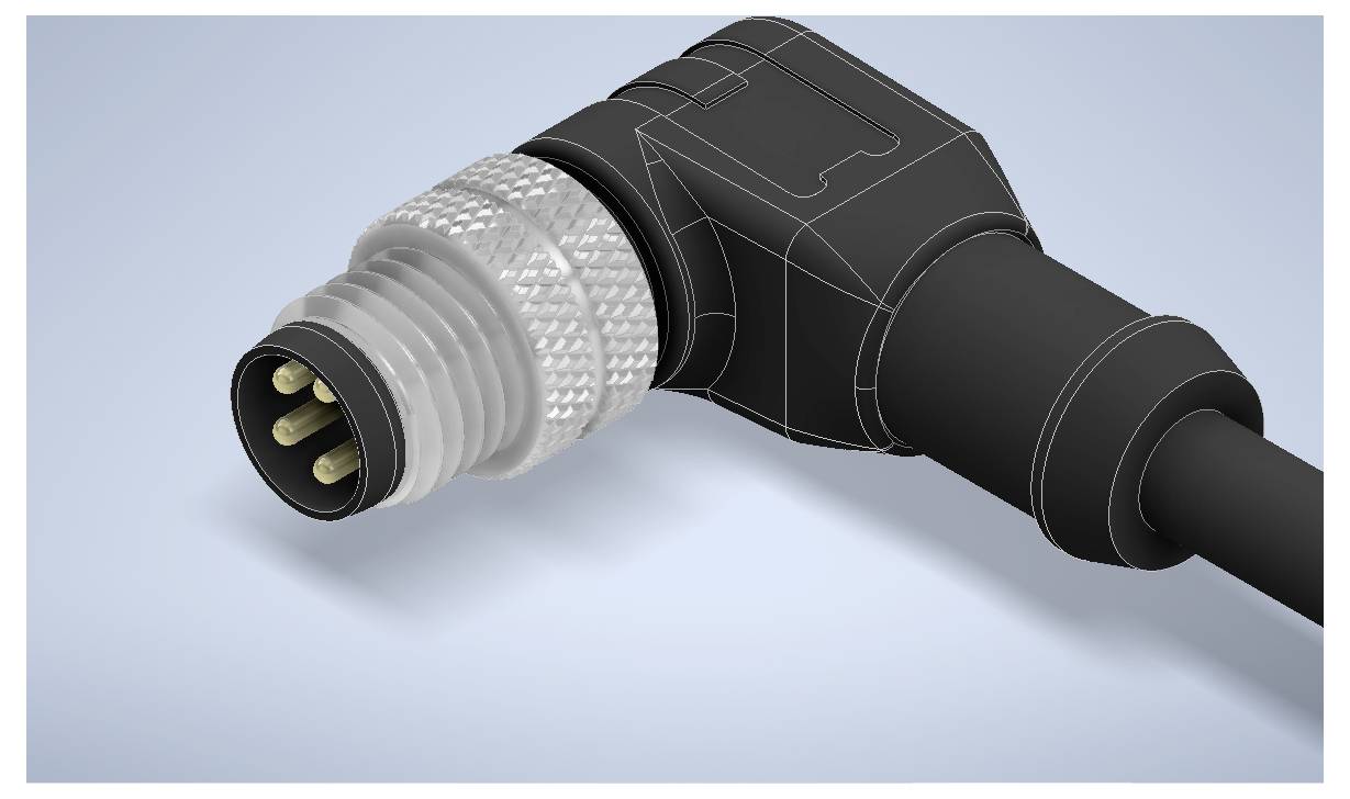 Nahaufnahme eines schwarzen abgewinkelten Elektrosteckers mit einem Gewinde-Metallstecker und fünf Goldstiften, die an einem Kabel angebracht sind.