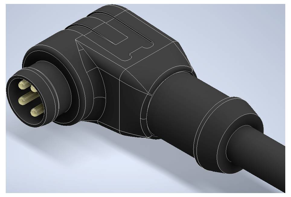 Nahaufnahme einer 3D-Darstellung eines schwarzen industriellen Stromkabelsteckers mit drei freiliegenden Metallstiften an einem Ende.