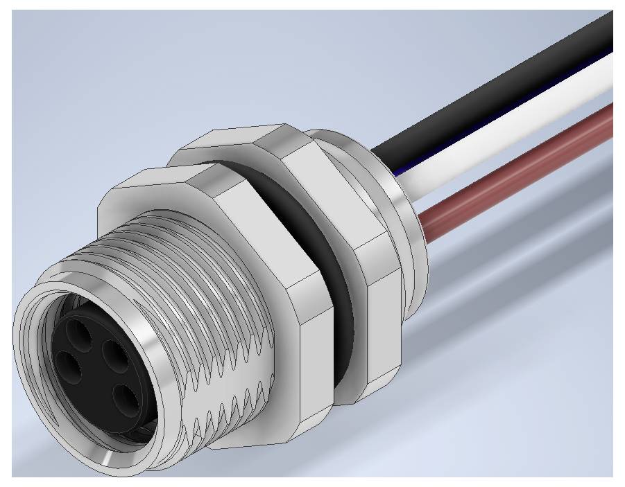 Metallischer kreisförmiger elektrischer Stecker mit Gewinde an der Vorderseite und drei angebrachten Drähten, in Nahaufnahme auf hellem Hintergrund gezeigt.