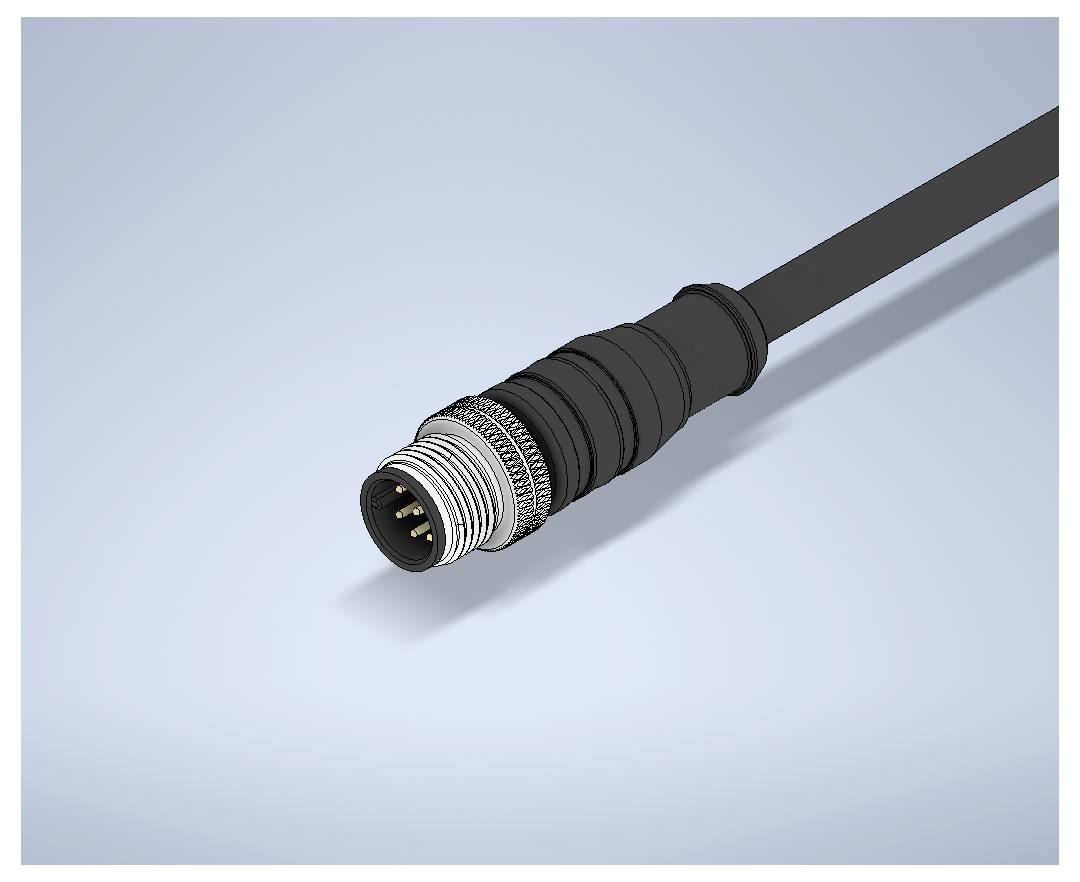 Nahaufnahme eines schwarzen Industriekabels mit einem kreisförmigen Metallverbinderstecker am Ende, dargestellt vor einem hellblauen Hintergrund.