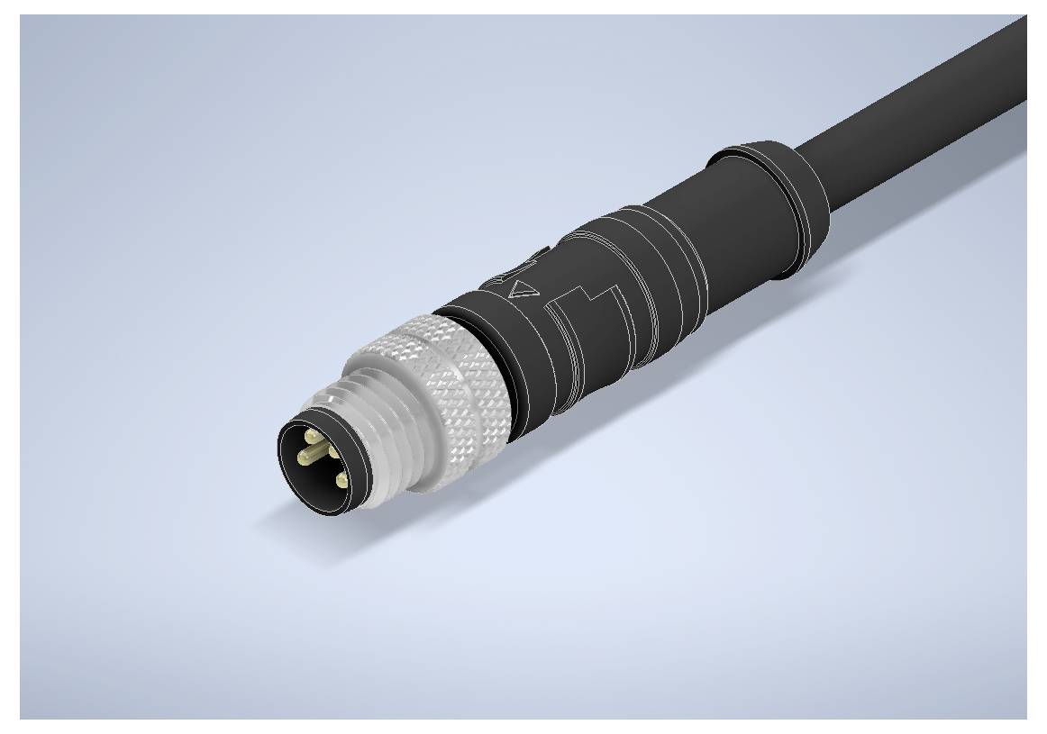 Nahaufnahme eines runden Elektrosteckers auf einem schwarzen Kabel, zeigt den Metallstecker und die Gewindekupplung.