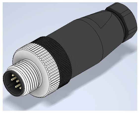 Nahaufnahme eines zylindrischen industriellen Elektrosteckers mit Gewinde aus Metall an der Vorderseite und schwarzem Gehäuse, gezeigt in 3D auf hellem Hintergrund.