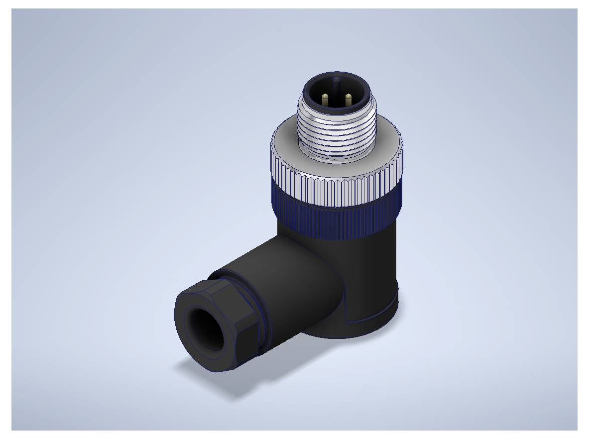 3D-gerenderter rechtwinkliger Elektrostecker mit geschraubter Metalloberseite und schwarzem zylindrischem Gehäuse auf hellblauem Hintergrund.