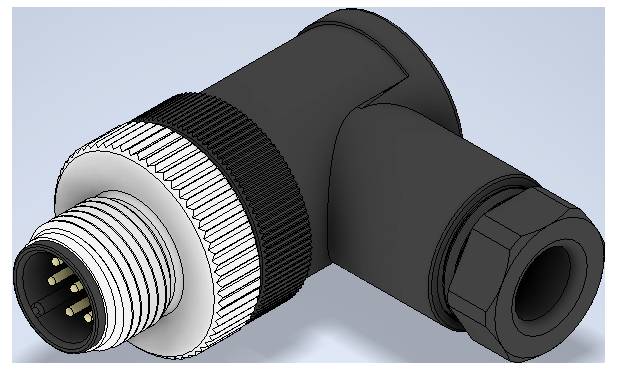 Rechtwinkliger Stecker für industrielle Elektrotechnik mit Gewinde-Rundstecker und Sechskantaufnahme, dargestellt in Schwarz und Silber auf hellem Hintergrund.