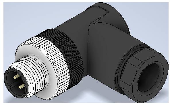 3D-Darstellung eines Industriesteckverbinders mit rechtem Winkel mit Gewinde-Stecker und Kabelverschraubung, dargestellt in Schwarz und Silber.