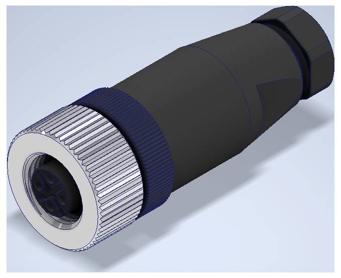 3D-Rendering eines schwarzen zylindrischen Elektrosteckers mit einem silbernen Riffelring vorne und einem versenkten Steckersockel am Ende.