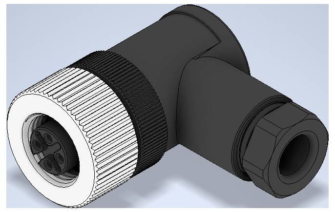 3D-Darstellung eines abgewinkelten schwarzweißen Elektrosteckers mit gekerbter Gewinde-Kupplungsmuffe und sechskantiger Kabelverschraubung.
