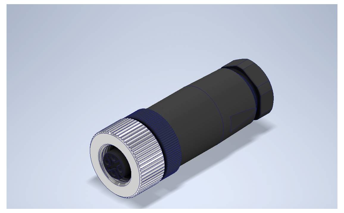 Schwarzer zylindrischer Stecker mit silberner gerillter Endkappe auf hellblauem Hintergrund, in 3D-Perspektive dargestellt.
