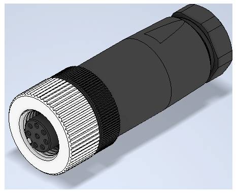 Ein zylindrischer Mehrpin-Elektrostecker mit gerillter weißer Frontmuffe und schwarzem Gehäuse, perspektivisch auf hellblauem Hintergrund dargestellt.