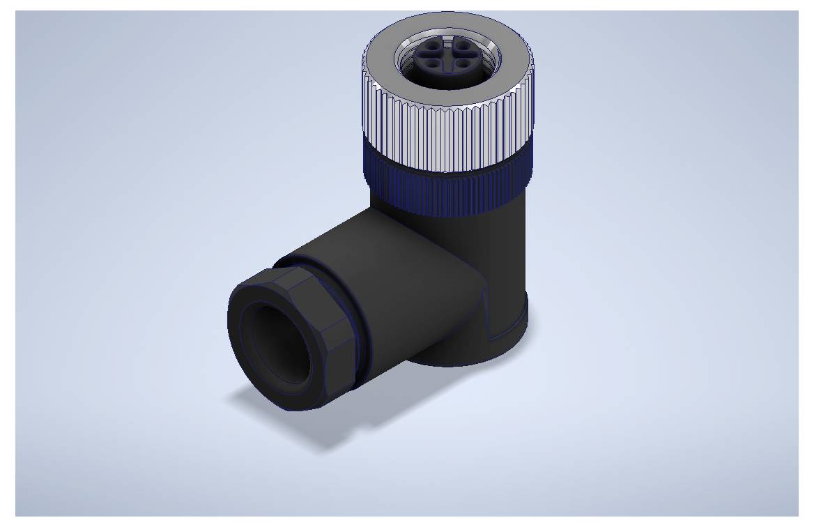 3D-Rendering eines schwarzen Elektrosteckers im rechten Winkel mit einer gerippten Silberkappe auf hellblauem Hintergrund.