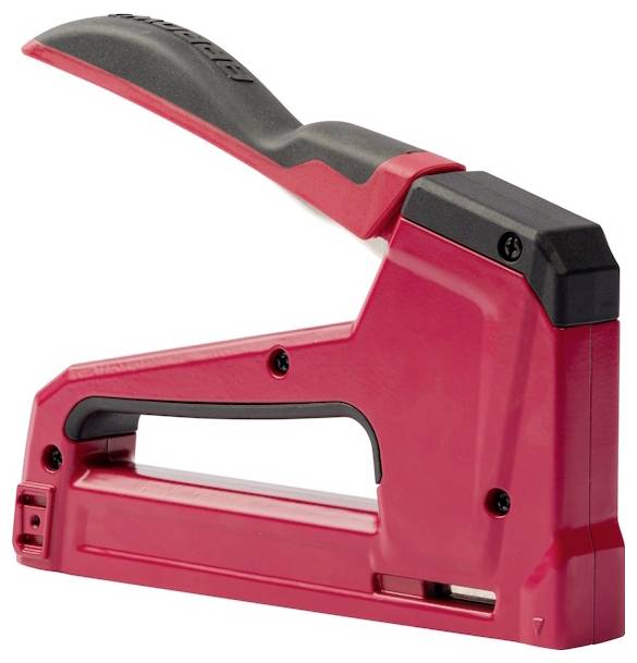Red and black handheld staple gun, shown in side view on a white background.