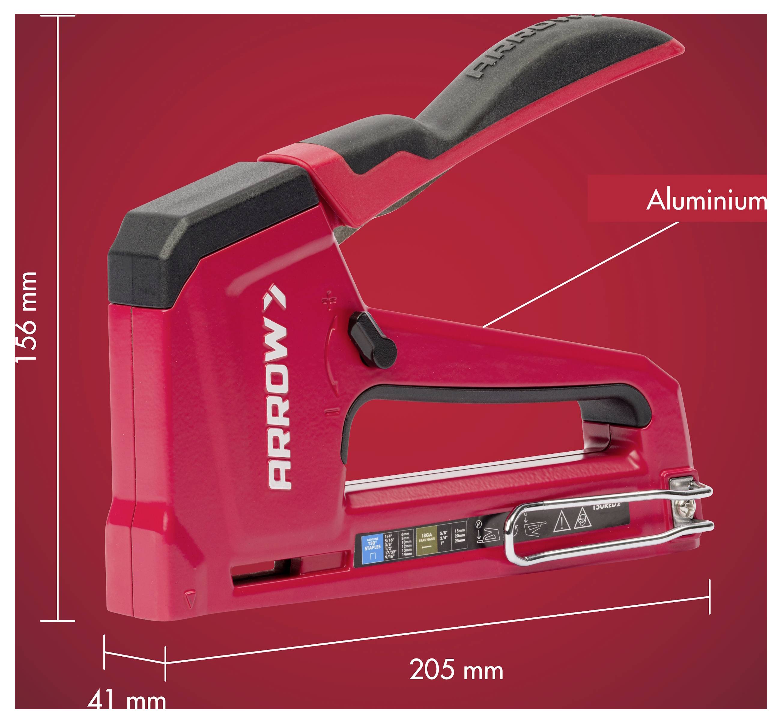 Produktbild einer roten ARROWY-Handtackerpistole mit schwarzem Griff, gekennzeichnet mit Aluminiummgehäuse, zeigt Abmessungen von 205 mm Länge, 156 mm Höhe und 41 mm Breite.