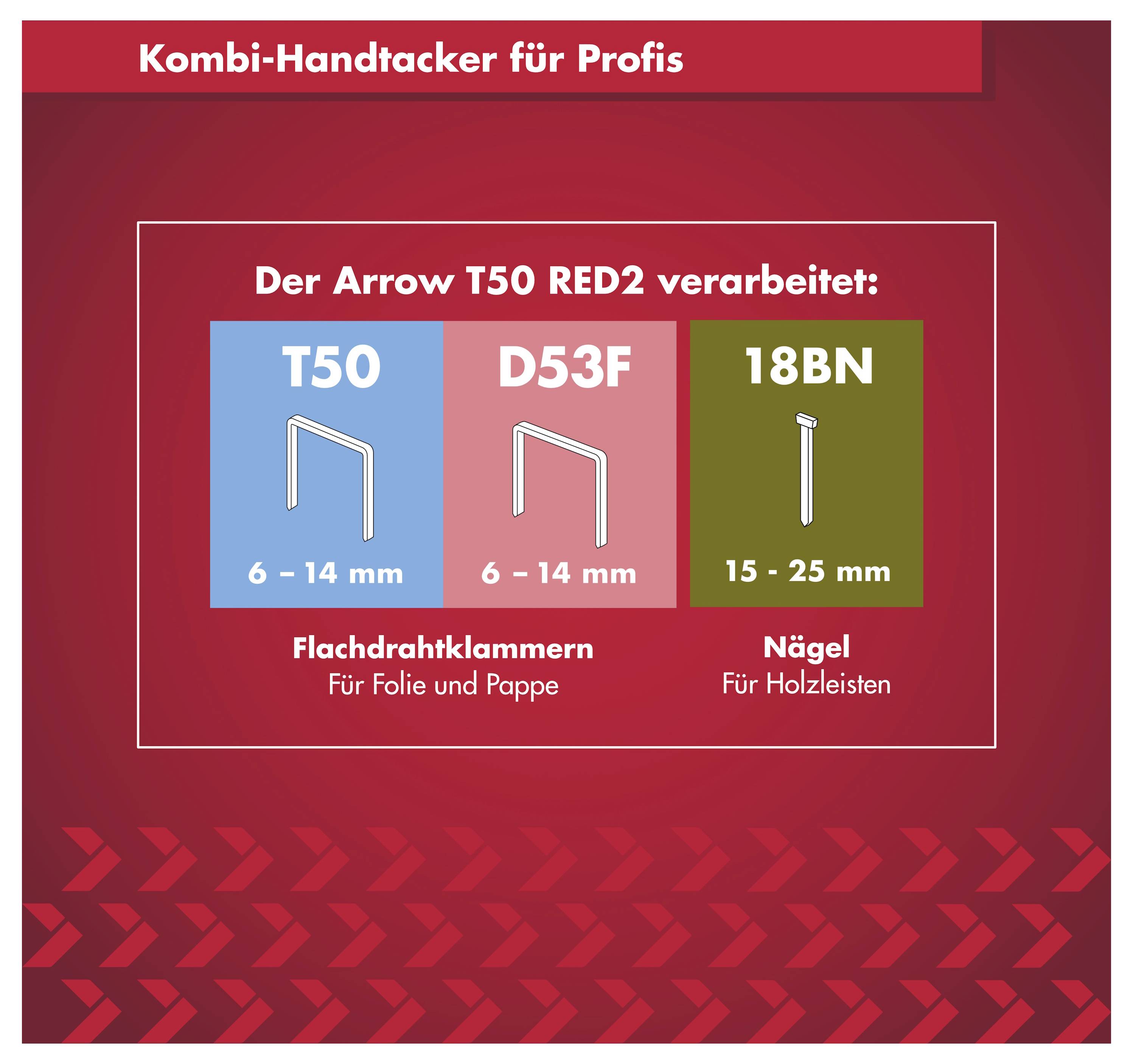 # Arrow T50 RED2 Handtacker## Kompatible Befestigungsmittel**T50 und D53F Heftklammern** für 6–14 mm**18BN Nägel** für 15–25 mm