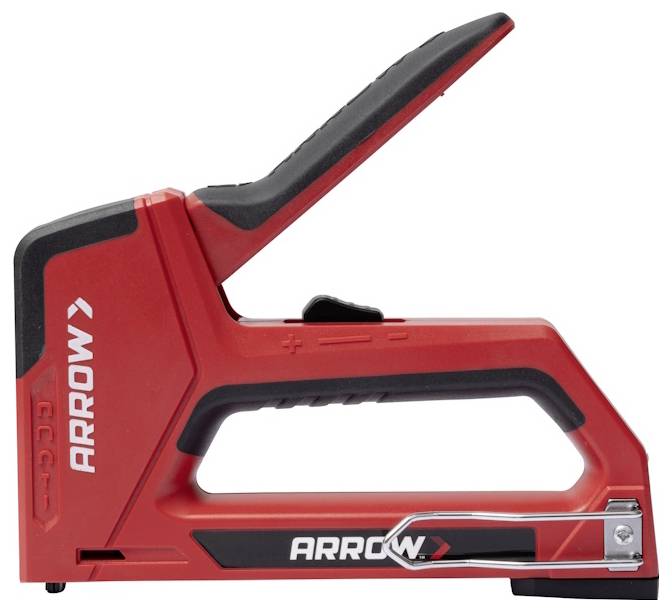 Red and black ARROW cordless staple gun on a white background, shown in side view.