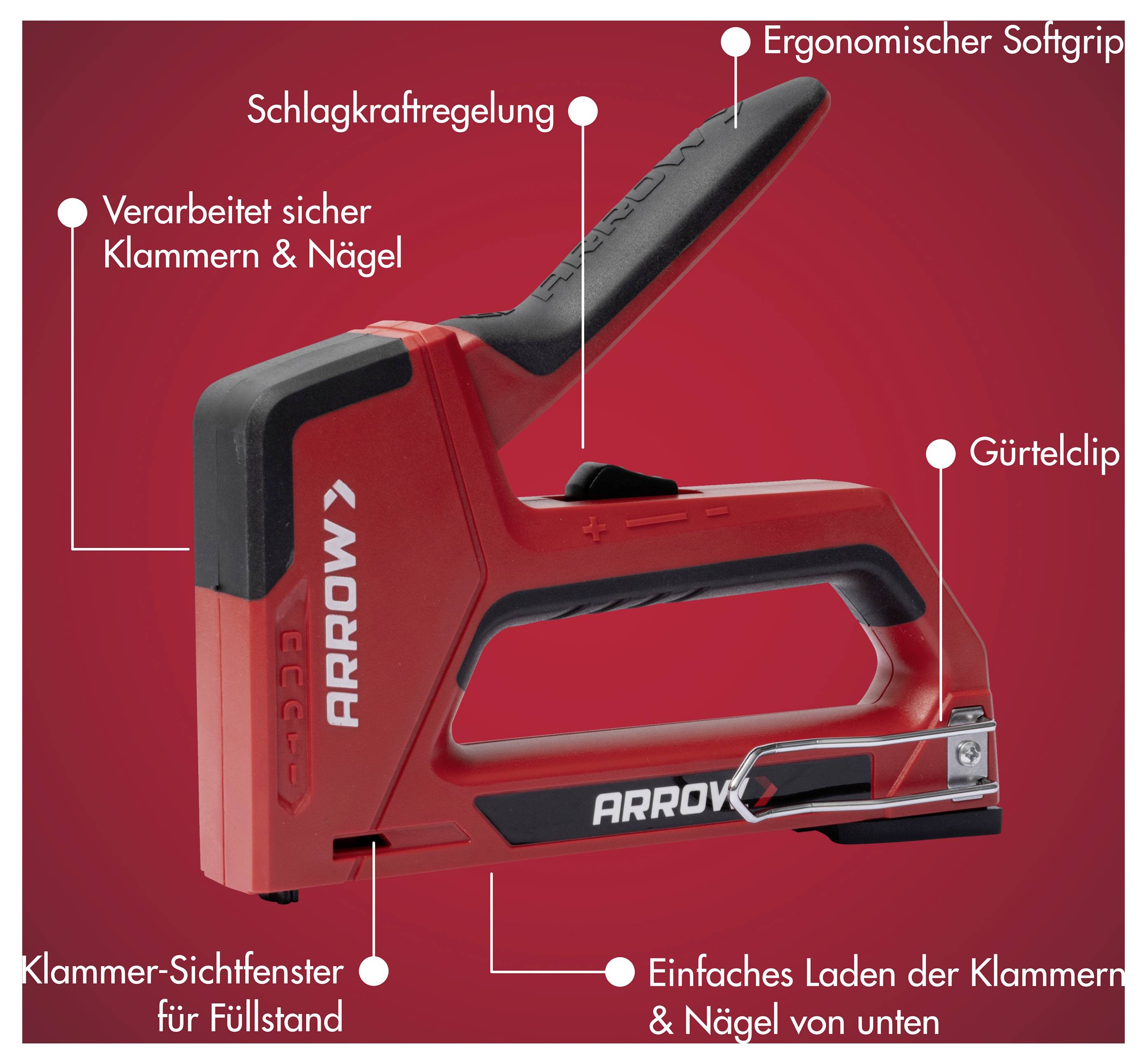 Red Arrow Tackermaschine mit beschrifteten Funktionen: ergonomischer Weichgriff, Schlagkrafteinstellung, sichere Verwendung für Klammern und Nägel, Gürtelclip, Füllstandsfenster und Bodenladeanlage.