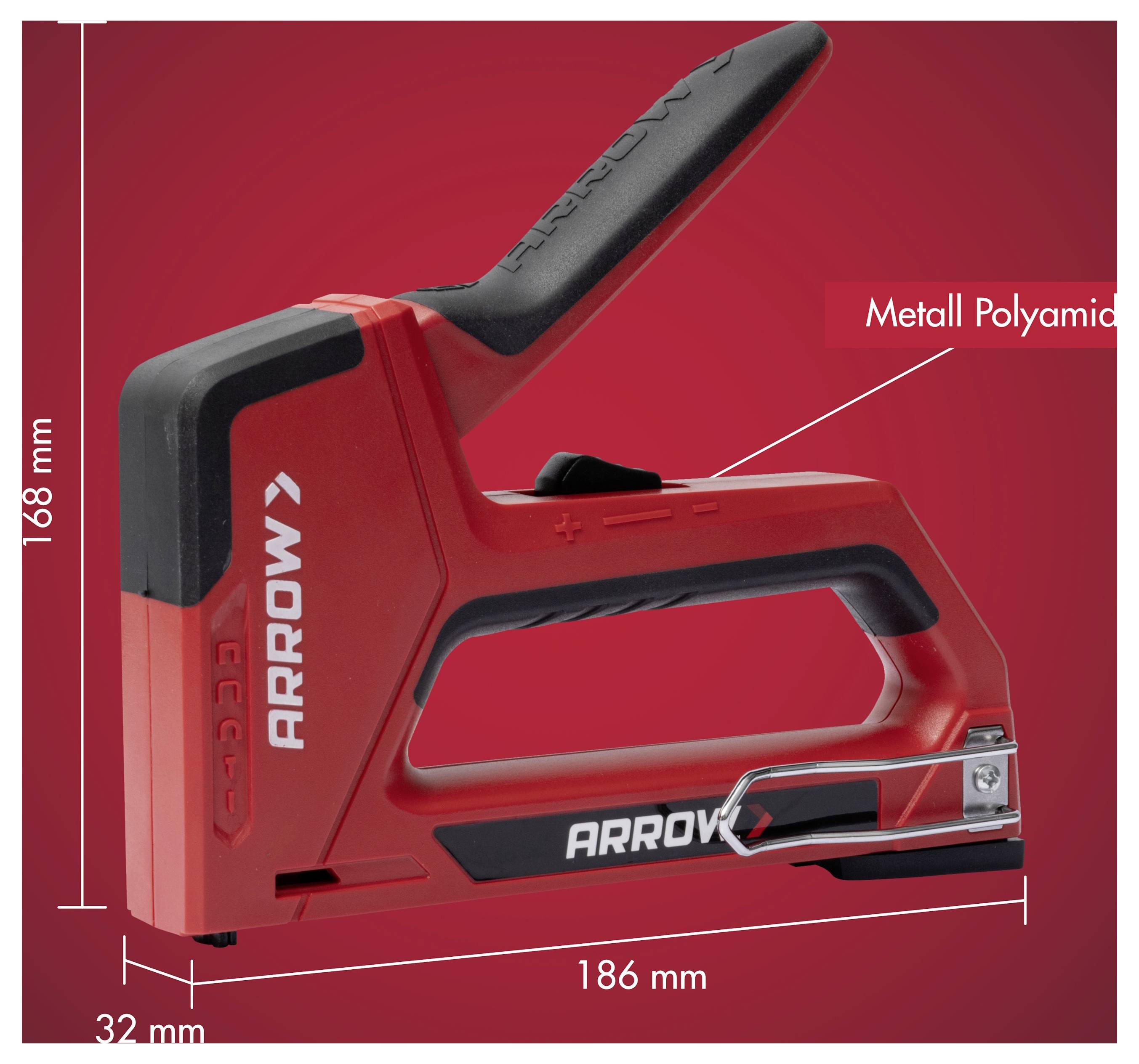 Elektrotacker Red Arrow auf rotem Hintergrund, beschriftet mit 186 mm Länge und 168 mm Höhe, mit einer Anmerkung, die auf das Gehäuse aus 'Metall Polyamid' hinweist.