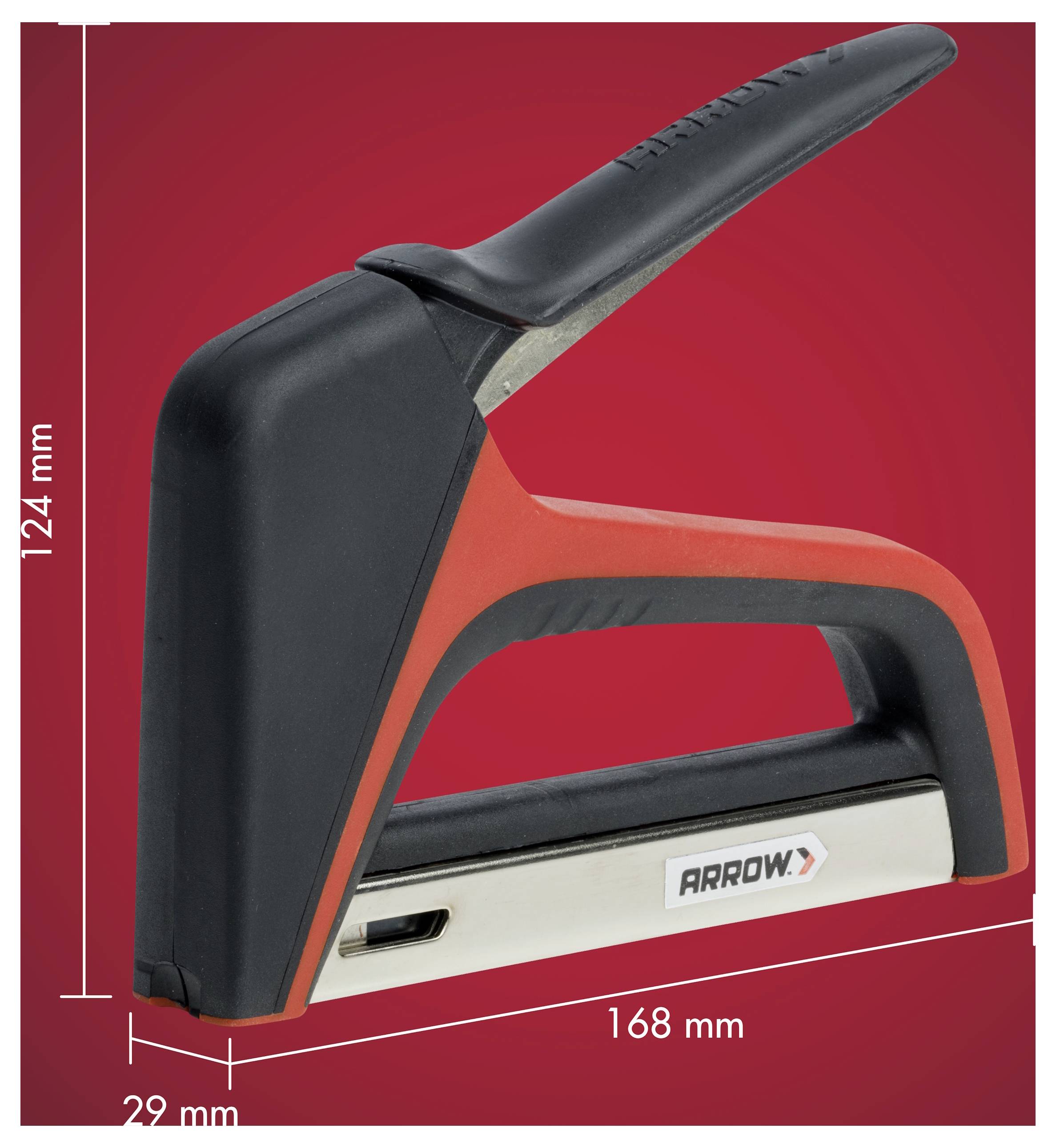 Produktbild eines Hefters mit Größenangaben: 124 mm hoch, 168 mm lang und 29 mm breit, auf rotem Hintergrund dargestellt.