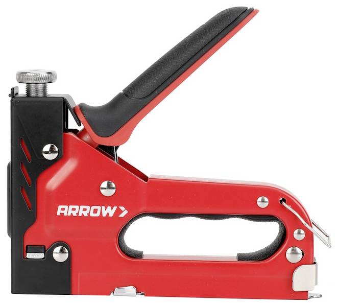 Red and black Arrow hand stapler on a white background.