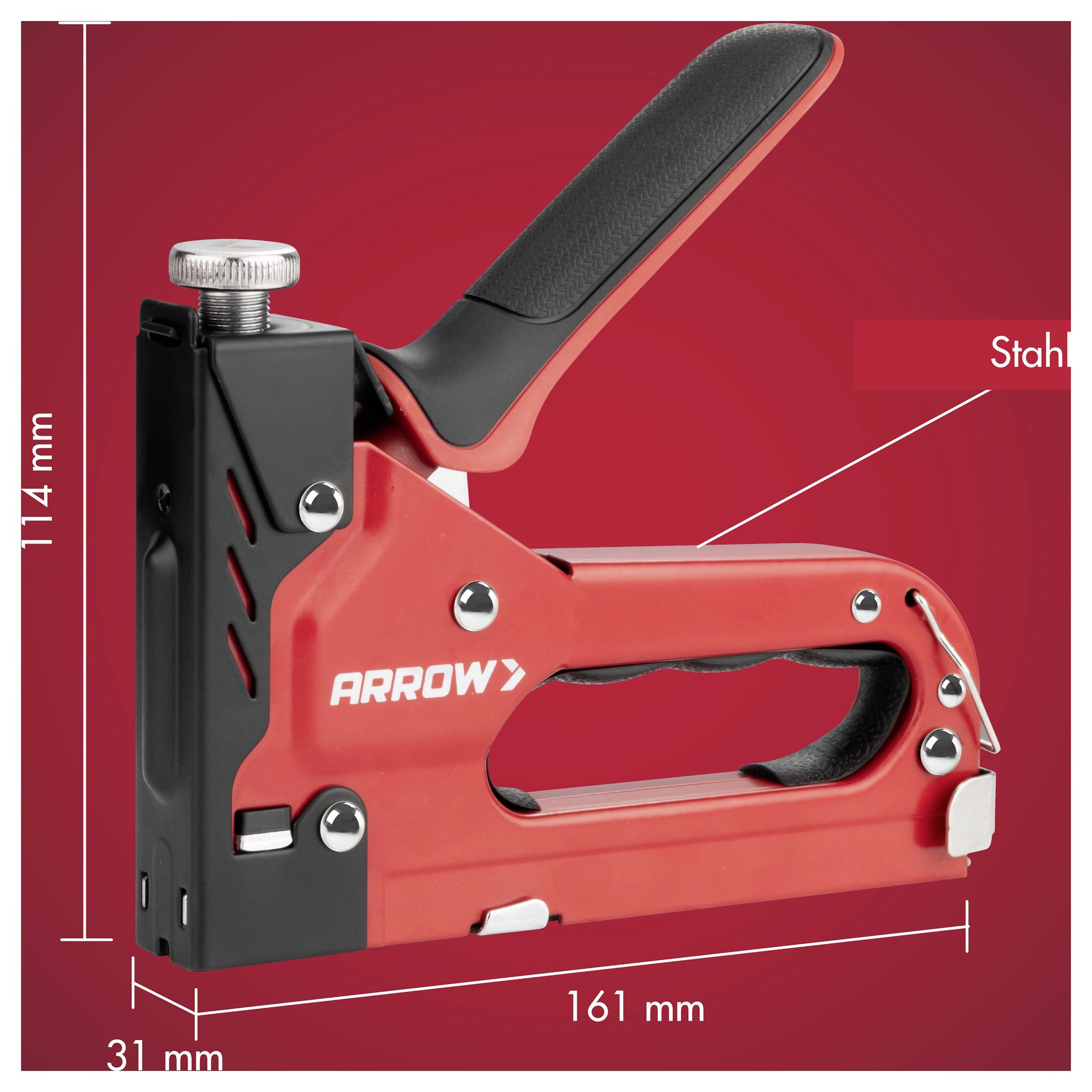 Red Arrow Tacker im Profil auf rotem Hintergrund, gekennzeichnet mit 161 mm Länge, 114 mm Höhe und 31 mm Breite.