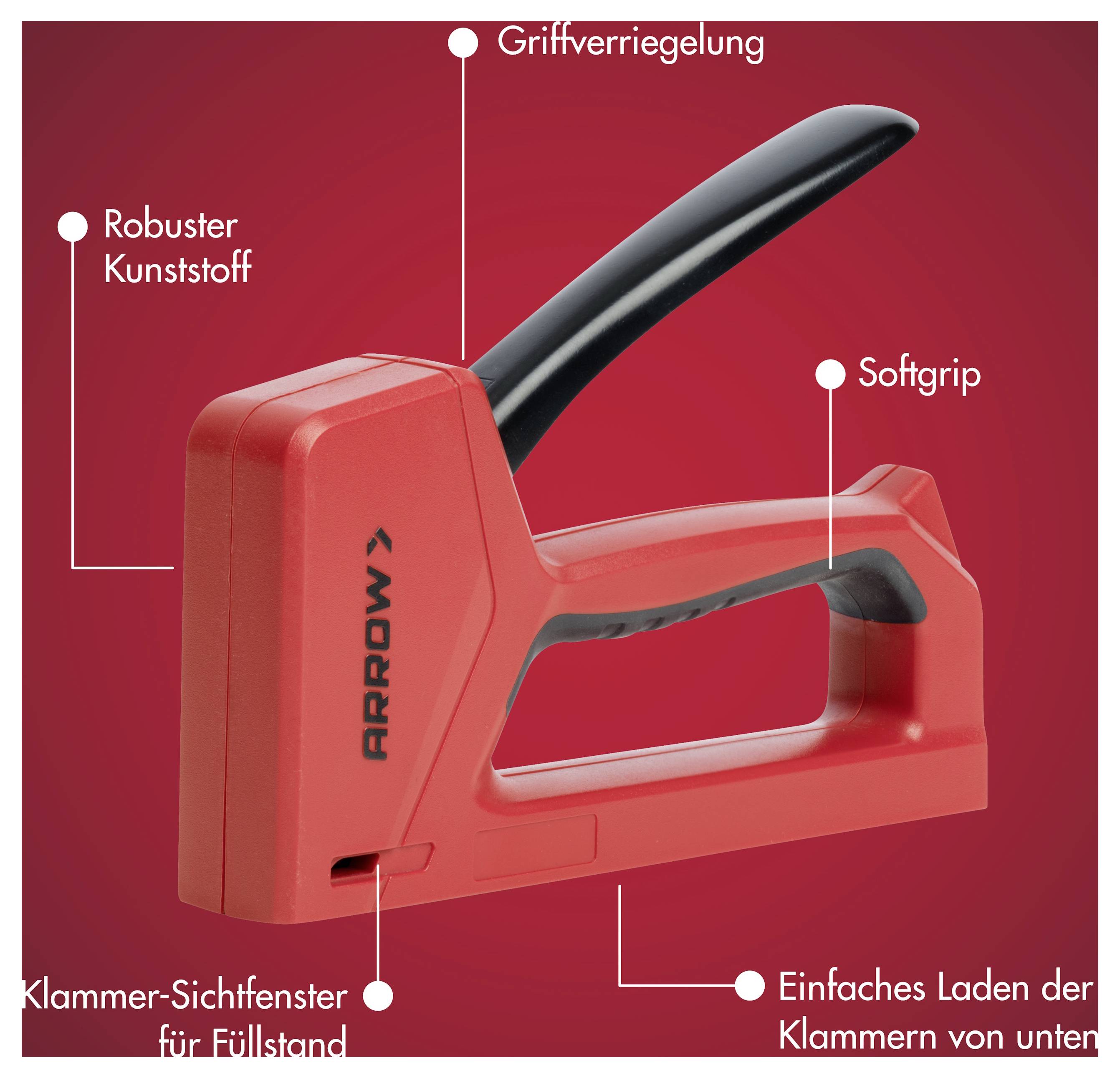 Roter Red-Arrow-Handtacker auf rotem Hintergrund mit deutschen Beschriftungen, die robustes Kunststoff, Griffverriegelung, weiches Griffpolster, einfaches Laden von unten und Heftklammer-Sichtfenster hervorheben.