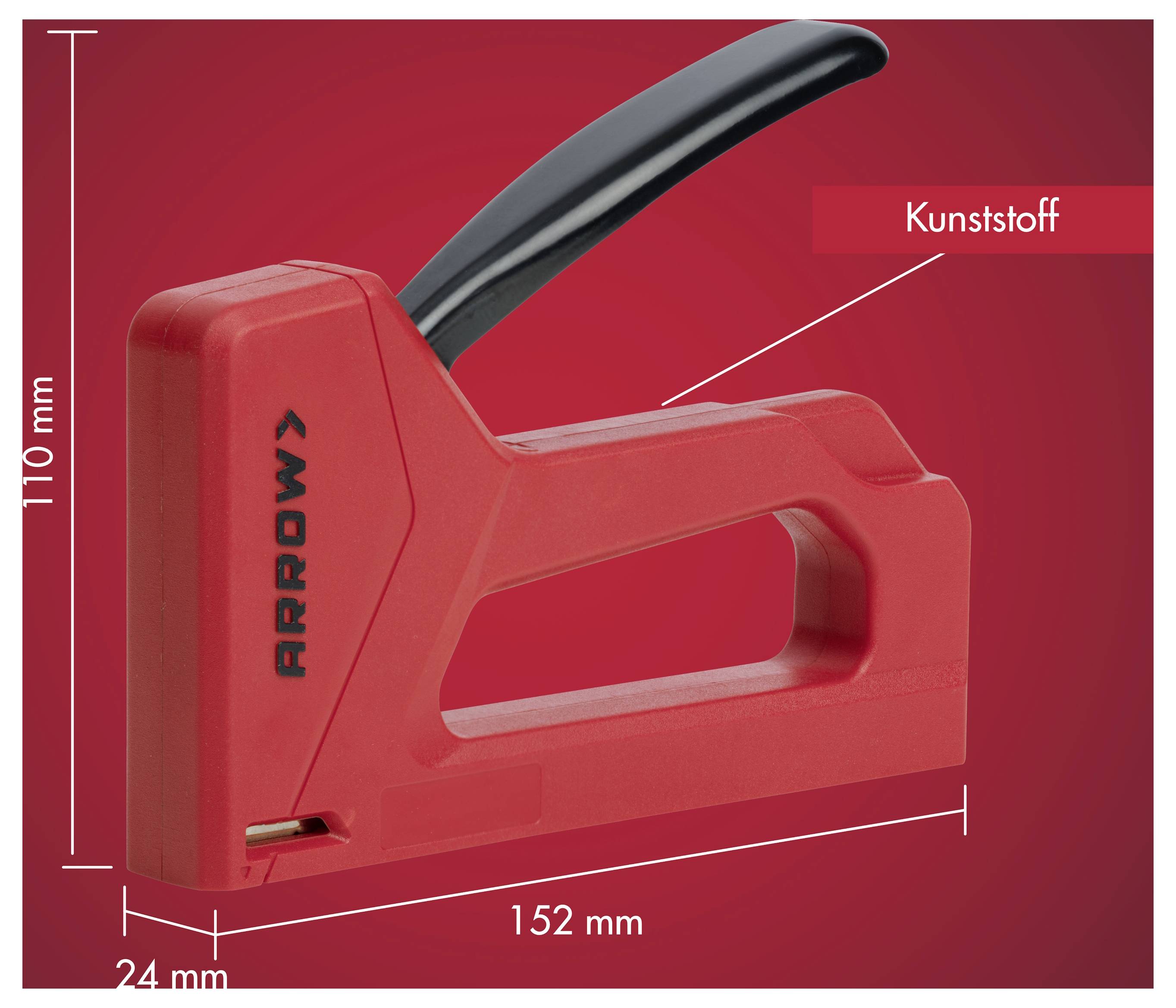 Roter Kunststoff-ARROWD-Heftklammerer, 152 mm lang und 110 mm hoch, mit schwarzem Hebel; gekennzeichnet mit „Kunststoff