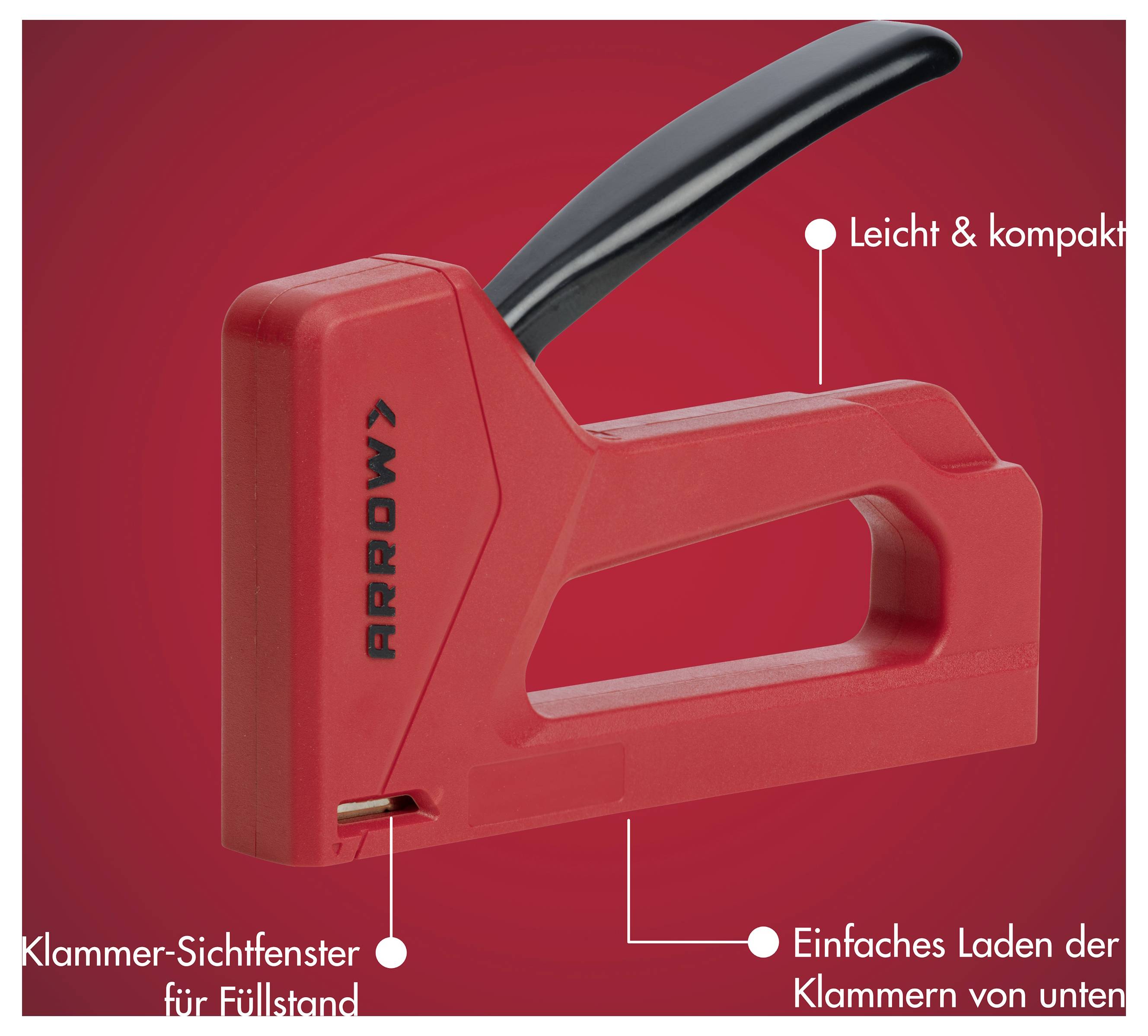 Roter Arrow-Hefter auf rotem Hintergrund mit Hinweisen in Deutsch, die „Leicht & kompakt