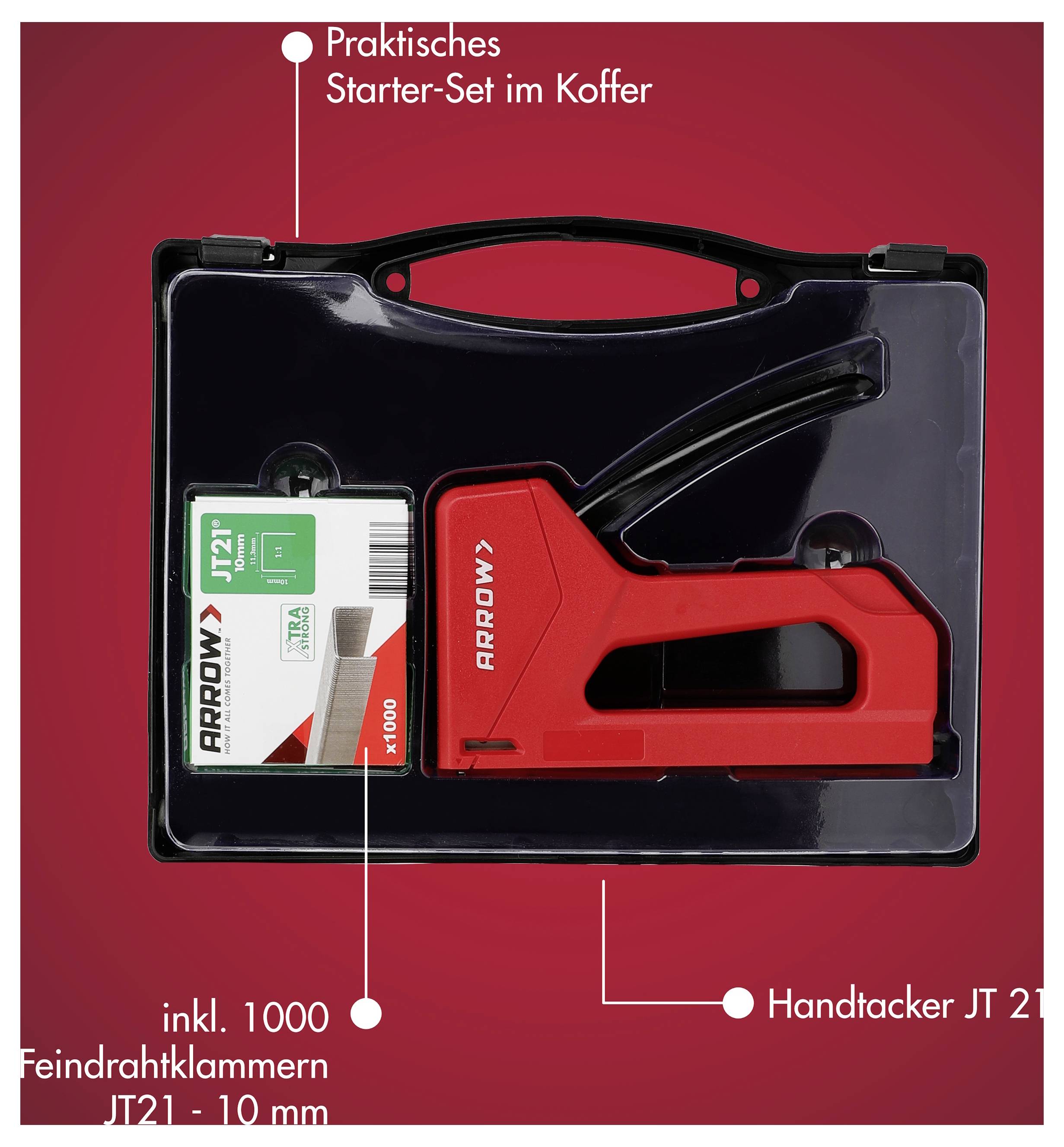Starterset in Tragebox mit Handtacker JT 21 und 1000 J/21 Feindraht-Heftklammern; deutsche Etiketten weisen auf praktisches Starterset hin.