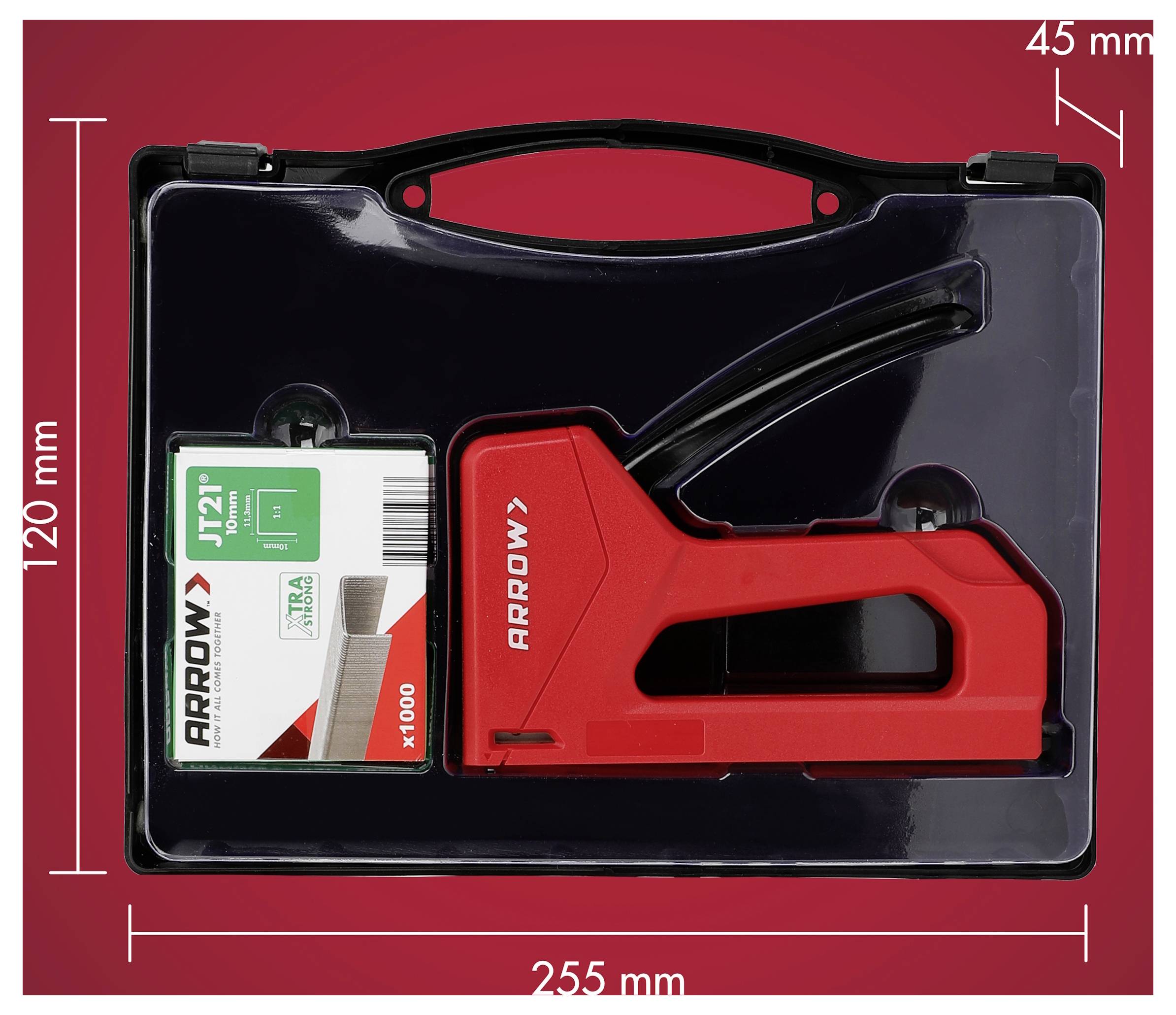 Red Arrow Hefter in einem schwarzen Kunststoff-Transportkoffer mit Heftklammern, gezeigt mit Größenangaben 255 mm breit, 120 mm hoch und 45 mm tief.