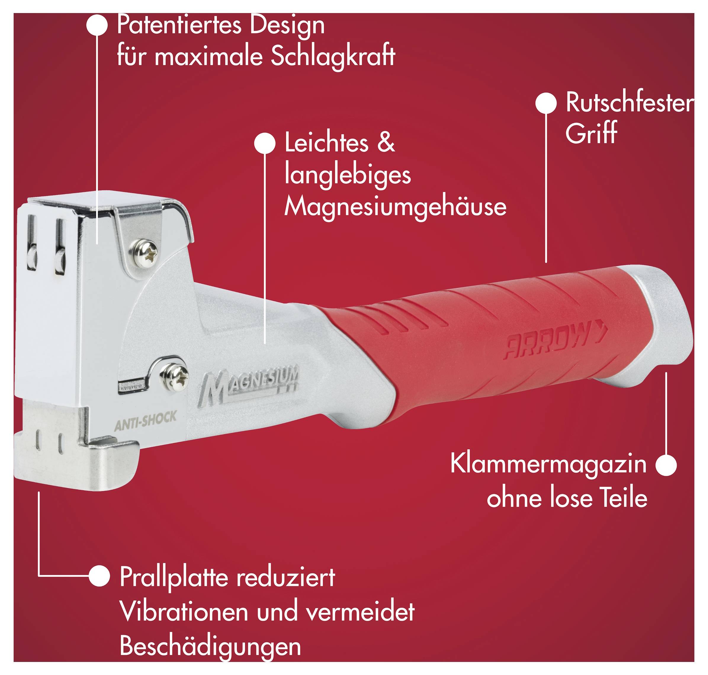 Rot-silberne manuelle Heftpistole mit deutschen Etiketten, die das patentierte Design, das Magnesiumgehäuse, den rutschfesten Griff und die vibrationsdämpfende Schlagplatte hervorheben.