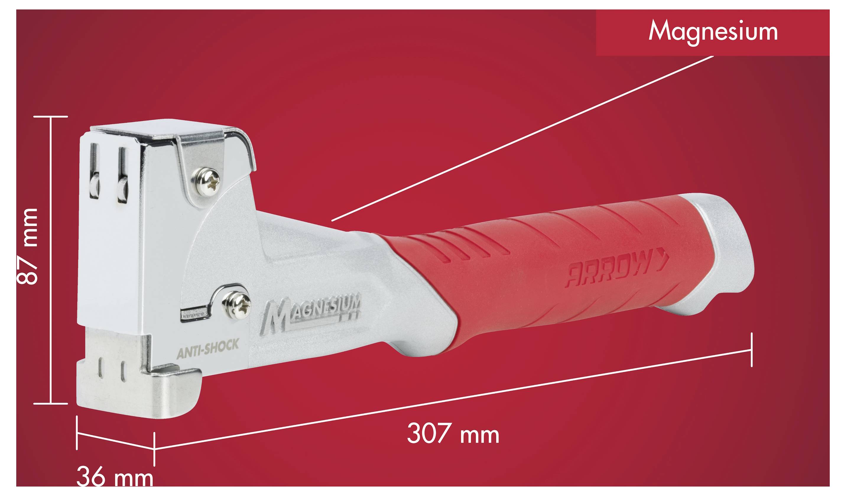 Magnesium-Handwerkzeug auf rotem Hintergrund mit gekennzeichneten Abmessungen von 307 mm Länge, 87 mm Höhe und 36 mm Breite.