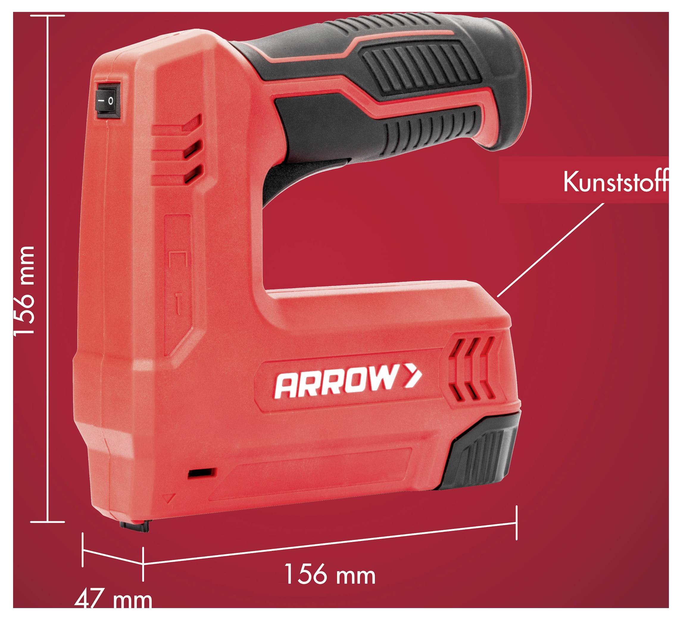 Rote Arrow elektrische Heftpistole auf rotem Hintergrund, mit der Bezeichnung 