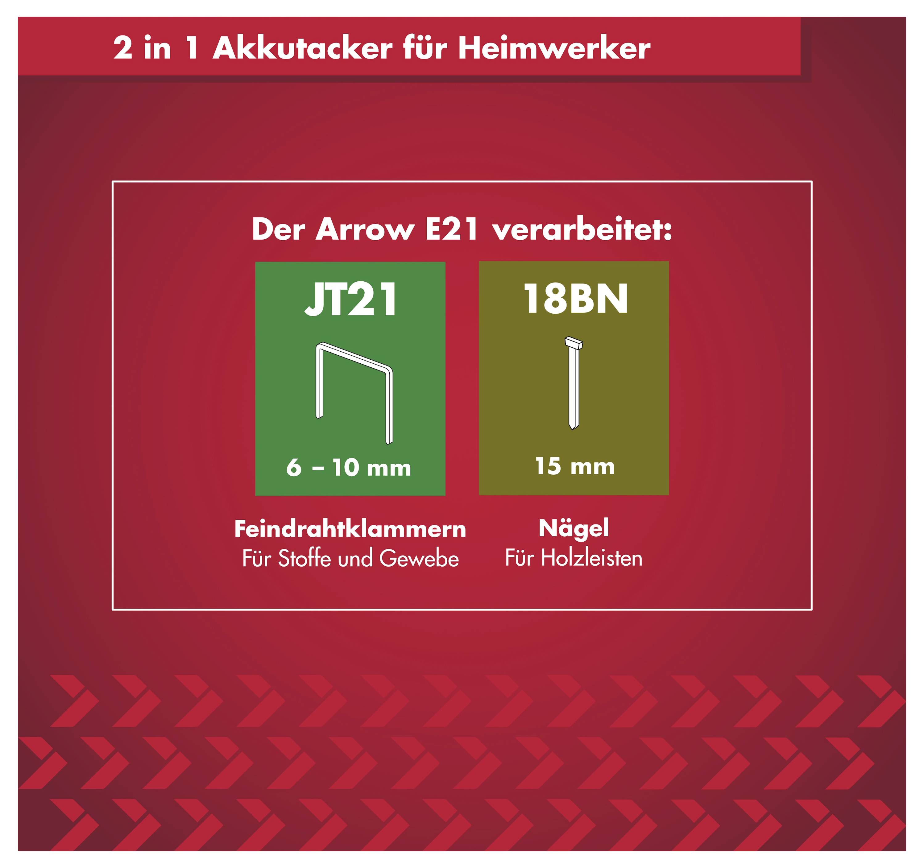 2-in-1 kabelloses Tackergerät für Heimwerker; Arrow E21 verarbeitet JT21-Klammern 6–10 mm für Stoffe und 18BN-Nägel 15 mm für Holzleisten.