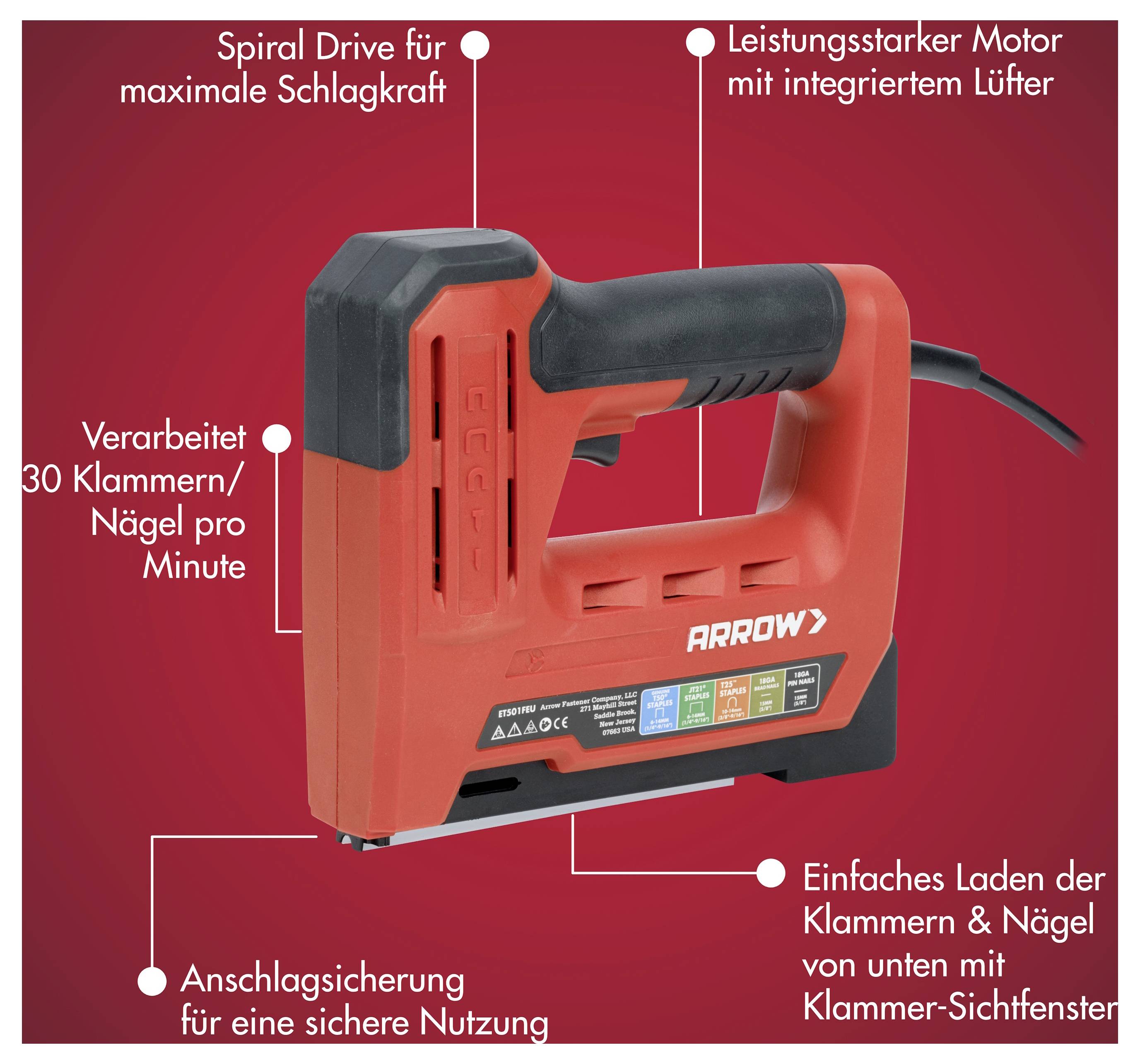 Rote und schwarze Arrow elektrische Heftzange/Nagelschusspistole dargestellt mit deutschen Beschriftungen für Spiralantrieb, leistungsstarker Motor mit eingebautem Lüfter, 30 Befestigungen pro Minute, einfaches Laden und Sicherheitsstopp.