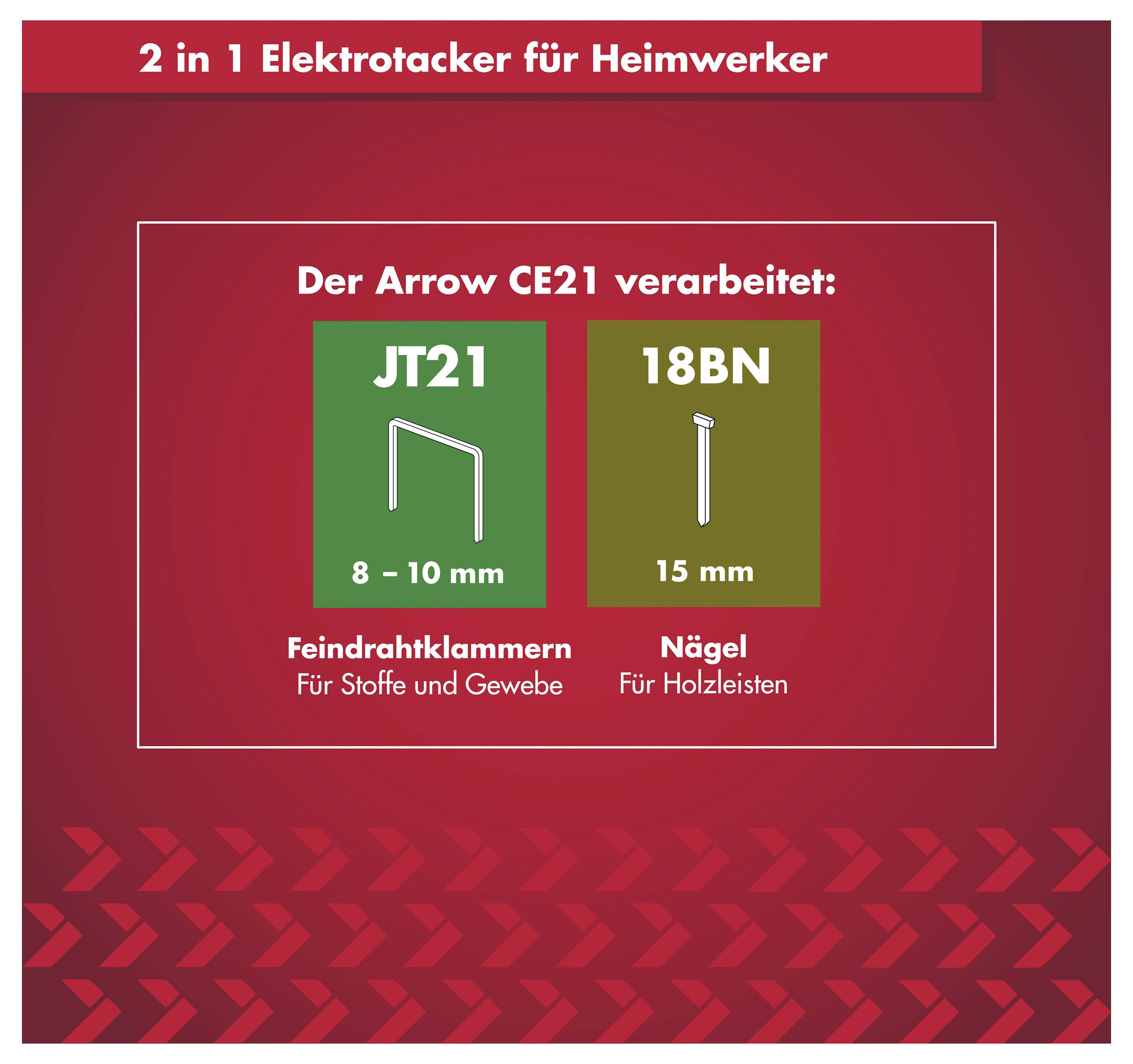 Rotes Werbegrafik für „2 in 1 Elektrotacker für Heimwerker