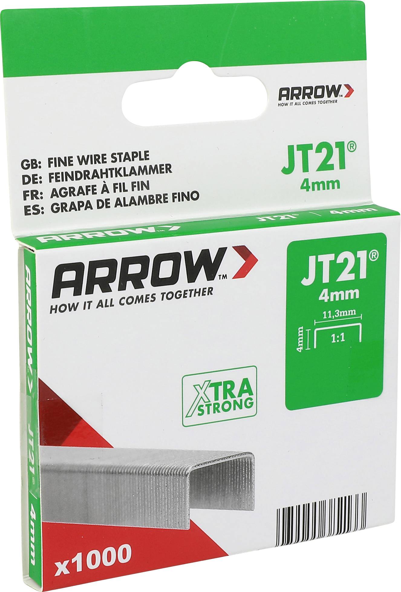 Arrow JT21 4mm Feindraht-Klammern, x1000, auf Einzelhandelverpackung abgebildet.