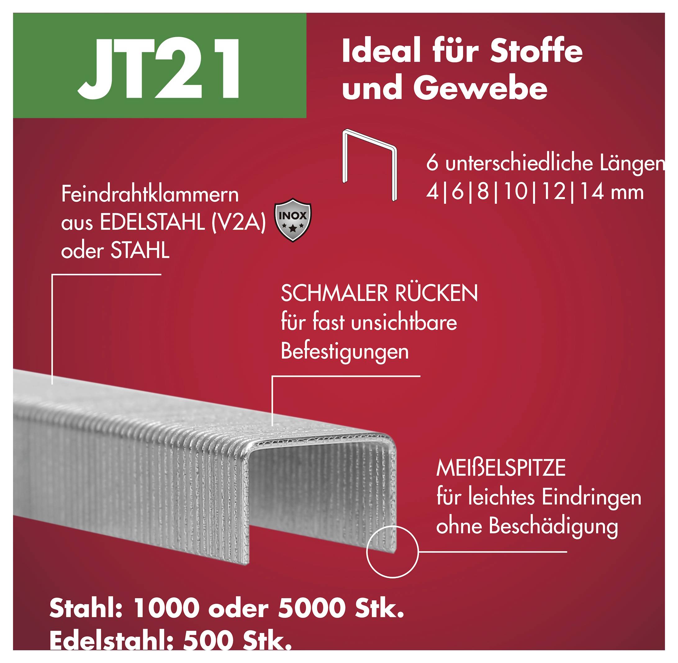Produktgrafik für JT21 Feindraht-Heftklammern, ideal für Stoffe und Gewebe, zeigt Edelstahl- oder Stahlheftklammern mit 6 Längen von 4 bis 14 mm und wichtige Merkmale: schmaler Rücken, Meißelspitze, unsichtbare Befestigung.