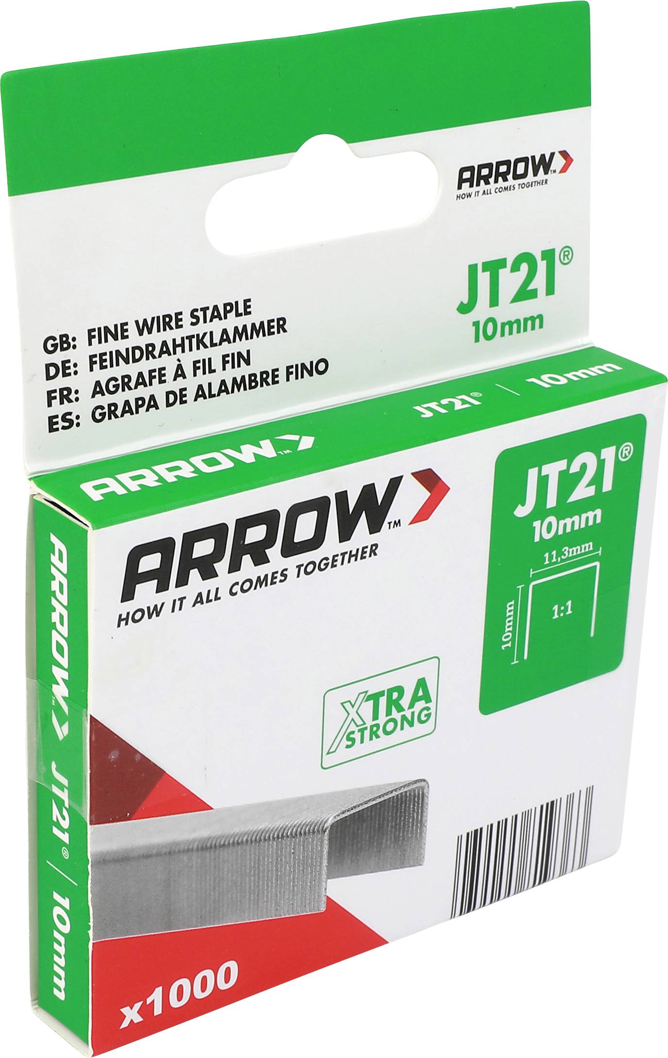 Arrow JT21 10mm Feindraht-Heftklammern Box, mit x1000 gekennzeichnet und 'Xtra Strong' für feines Heftklammern.