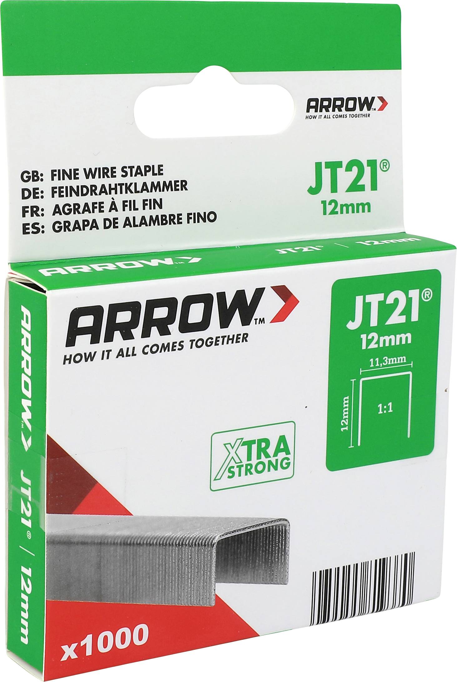 Arrow JT21 12mm Feindraht-Heftklammern Box, x1000, auf weißem Hintergrund abgebildet.